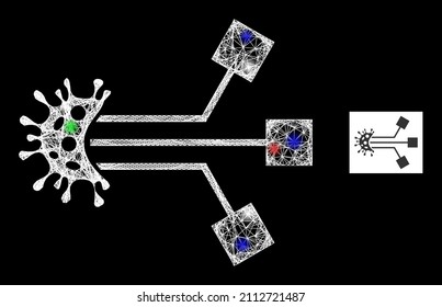Shiny hatched mesh virus electronics with multicolored lightspots. Illuminated vector frame created from virus electronics pictogram. Sparkle frame mesh virus electronics, on a black backgound.