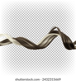 Shiny healthy beautiful colored brown hair. Wavy strand of hair isolated on a transparent background. Vector realistic illustration.