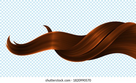 Shiny Healthy Brown Hair Lock. Bright Sparkling Curls. Vector Realistic 3d Illustration. Design Element for Hairdressers, Beauty Salons, Hair Care Cosmetics, Shampoo, Conditioner or Hair Dye Packaging