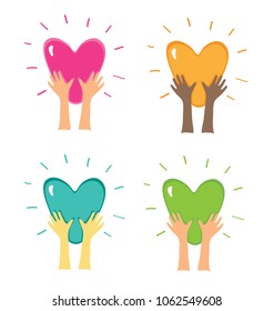 Shiny Heart in Hands. Human arms: asian, african american, european. Colorful hand drawn Hearts. Symbol of Love, Peace, Happiness, Charity, Frendship, Kindness, Ecology. Vector set.