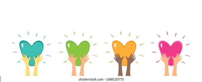 Shiny Heart in Hands. Human arms: asian, african american, european. Colorful hand drawn Hearts. Symbol of Love, Peace, Happiness, Charity, Frendship, Kindness, Ecology, Volunteer. Vector set.