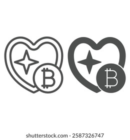 Shiny heart shape with bitcoin line and solid icon, finance concept. Vector graphics. Heart and coin sign on white background, outline style icon for mobile or web design