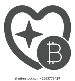 Shiny heart shape with bitcoin solid icon, finance concept. Vector graphics. Heart and coin sign on white background, glyph style icon for mobile or web design