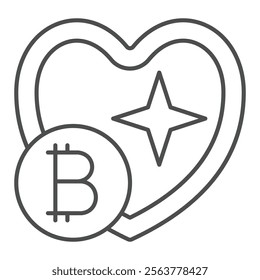 Shiny heart shape with bitcoin thin line icon, finance concept. Vector graphics. Heart and coin sign on white background, outline style icon for mobile or web design