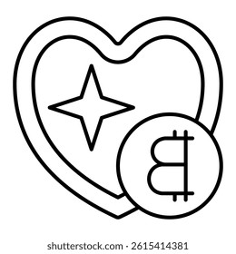 Shiny heart shape with coin thin line icon, finance concept. Vector graphics. Heart and coin sign on white background, linear style for mobile or design