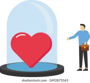 Shiny heart shape covered inside strong glass dome. Life insurance family protection, guarding and security cover your love one, protect from illness. Health or disease.

