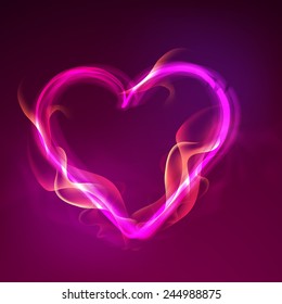 Shiny heart shape in fire on purple background for Happy Valentines Day celebration.