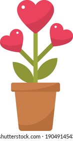 Brillante corazón forma rosas rojas en olla con diseño de icono de vectores de hoja, símbolo de amor y romance sobre fondo blanco, concepto presente de San Valentín, idea de regalo romántico,
