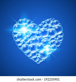 Shiny heart of transparent bubbles on dark blue background. Vector illustration