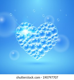 Shiny heart of transparent bubbles underwater. Vector illustration