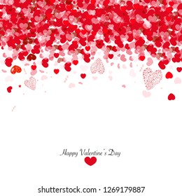 Shiny hearts and light Valentine's day background. Hearts and confetti. Happy Valentine's Day greeting card