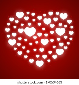 Shiny hearts on red background