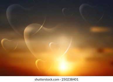 Shiny hearts on sunset sky background. Vector design