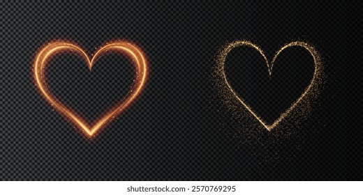 Shiny heart-shaped light effect with glittering sparks on a dark transparent background. Ideal for Valentine's, love themes, or festive projects.