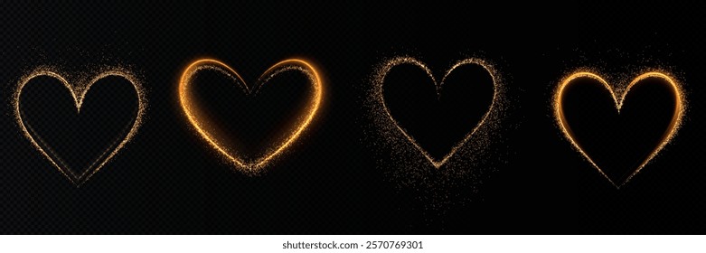 Shiny heart-shaped light effect with glittering sparks on a dark transparent background. Ideal for Valentine's, love themes, or festive projects.