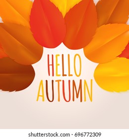 Shiny Hello Autumn Natural Leaves Background. Vector Illustration