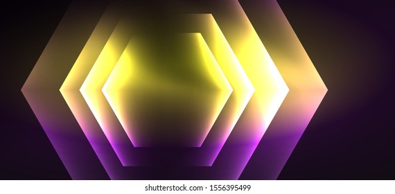 Modelo de neon hexágono brilhante. Conceito de tecnologia digital futurista. Design gráfico abstrato vetorial. Ilustração retrô vetor vintage.