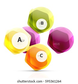 Shiny hexagons with infographics options isolated on white. Abstract geometrical banner