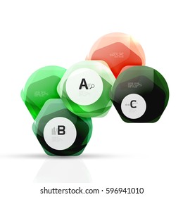 Hexagones brillantes con opciones de infografía aisladas en blanco. Pancarta geométrica abstracta