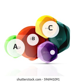 Hexagones brillantes con opciones de infografía aisladas en blanco. Pancarta geométrica abstracta