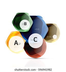 Hexagones brillantes con opciones de infografía aisladas en blanco. Pancarta geométrica abstracta