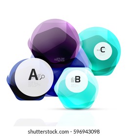 Shiny hexagons with infographics options isolated on white. Abstract geometrical banner