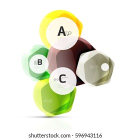 Hexagones brillantes con opciones de infografía aisladas en blanco. Pancarta geométrica abstracta