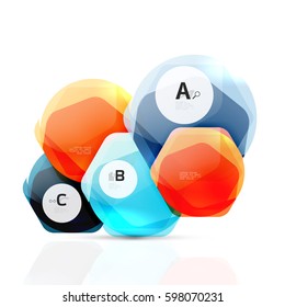 Shiny hexagons with infographics options isolated on white. Abstract geometrical banner