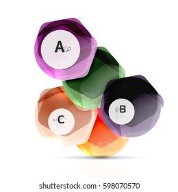 Shiny hexagons with infographics options isolated on white. Abstract geometrical banner