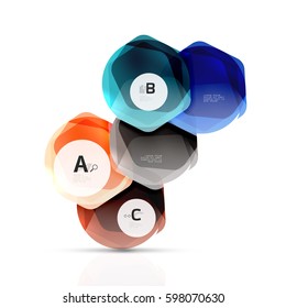 Hexagones brillantes con opciones de infografía aisladas en blanco. Pancarta geométrica abstracta