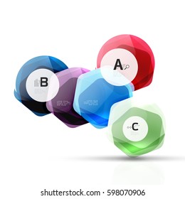 Hexagones brillantes con opciones de infografía aisladas en blanco. Pancarta geométrica abstracta