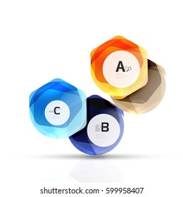 Shiny hexagons with infographics options isolated on white. Abstract geometrical banner