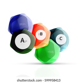 Shiny hexagons with infographics options isolated on white. Abstract geometrical banner