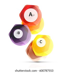 Hexagones brillantes con opciones de infografía aisladas en blanco. Pancarta geométrica abstracta