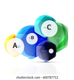 Hexagones brillantes con opciones de infografía aisladas en blanco. Pancarta geométrica abstracta