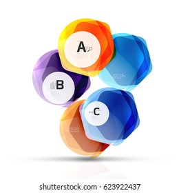 Hexágonos brilhantes com opções infográficas isoladas em branco. Banner geométrico abstrato
