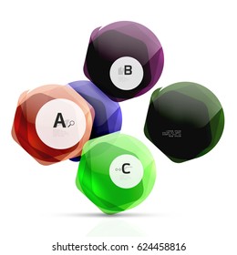 Hexagones brillantes con opciones de infografía aisladas en blanco. Pancarta geométrica abstracta