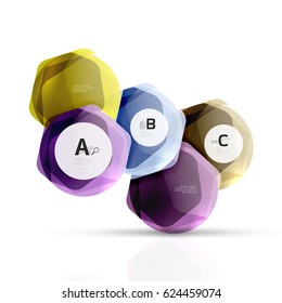 Hexagones brillantes con opciones de infografía aisladas en blanco. Pancarta geométrica abstracta