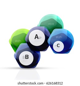 Shiny hexagons with infographics options isolated on white. Abstract geometrical banner