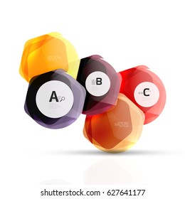 Hexagones brillantes con opciones de infografía aisladas en blanco. Pancarta geométrica abstracta