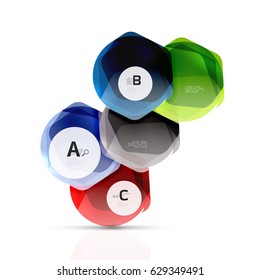 Hexagones brillantes con opciones de infografía aisladas en blanco. Pancarta geométrica abstracta