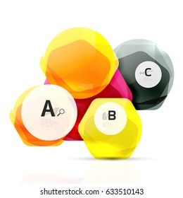 Shiny hexagons with infographics options isolated on white. Abstract geometrical banner