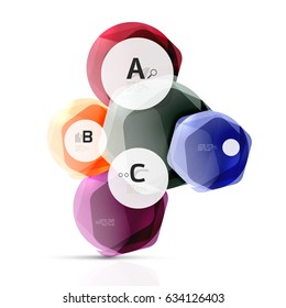 Hexagones brillantes con opciones de infografía aisladas en blanco. Pancarta geométrica abstracta