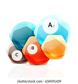 Shiny hexagons with infographics options isolated on white. Abstract geometrical banner