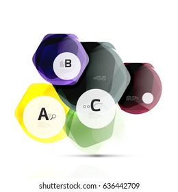 Shiny hexagons with infographics options isolated on white. Abstract geometrical banner