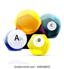 Shiny hexagons with infographics options isolated on white. Abstract geometrical banner