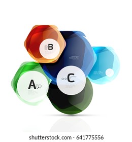 Hexagones brillantes con opciones de infografía aisladas en blanco. Pancarta geométrica abstracta