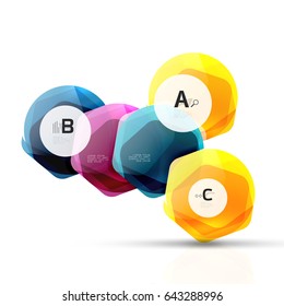 Shiny hexagons with infographics options isolated on white. Abstract geometrical banner
