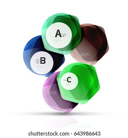 Shiny hexagons with infographics options isolated on white. Abstract geometrical banner