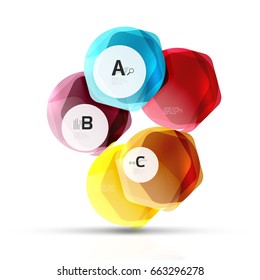 Shiny hexagons with infographics options isolated on white. Abstract geometrical banner